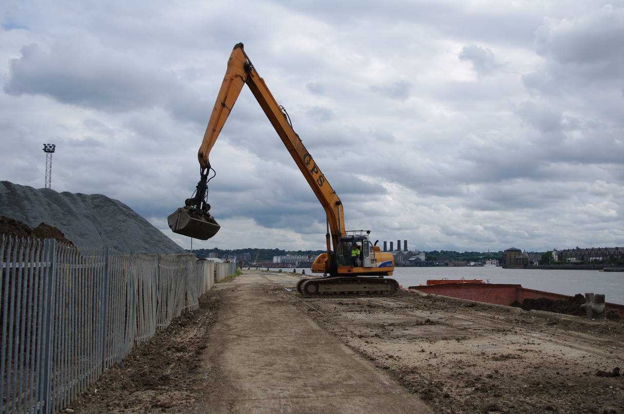 Excavator on the Thames Path, North Greenwich