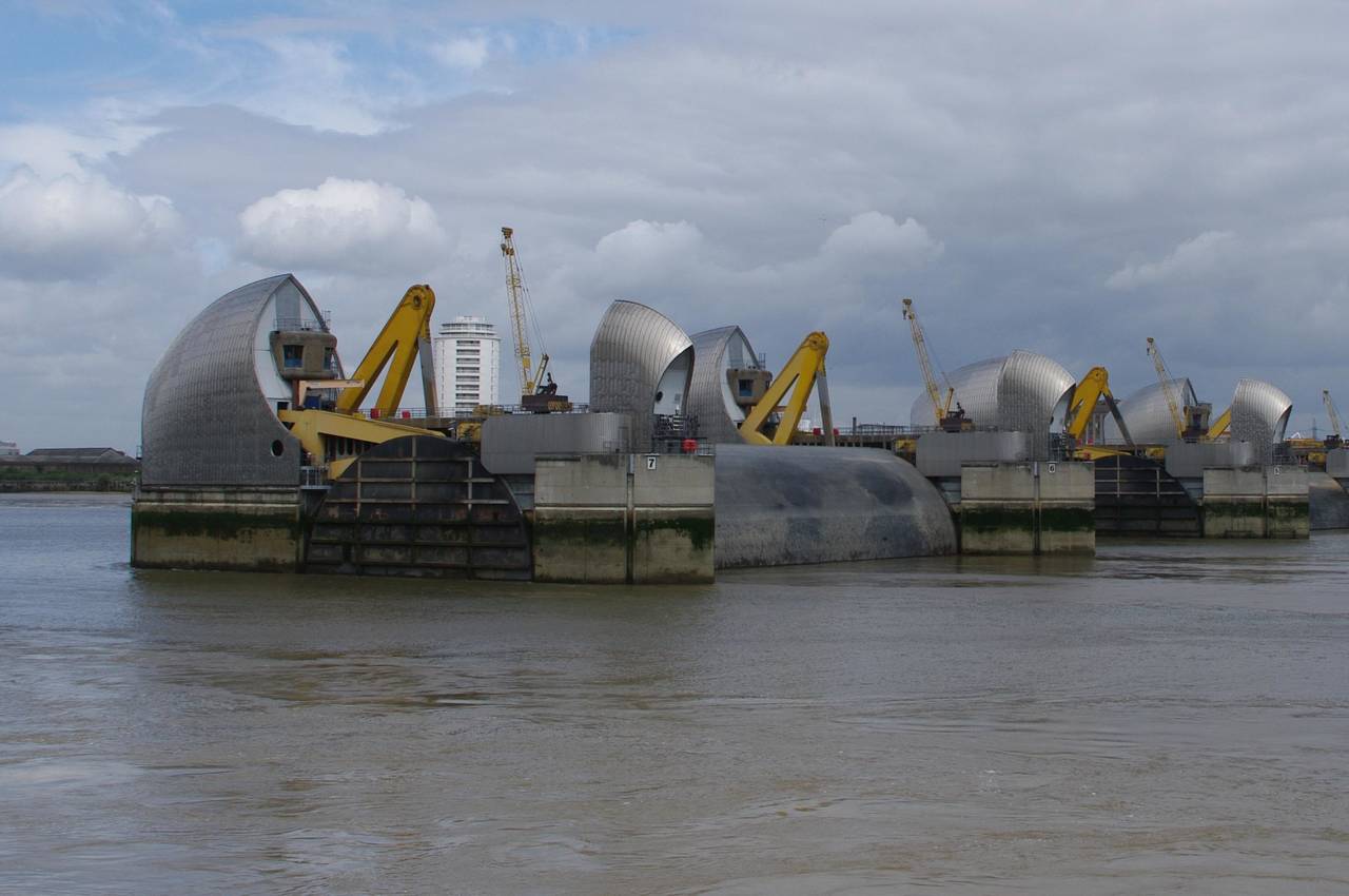 The Thames Barrier with raised floodgate